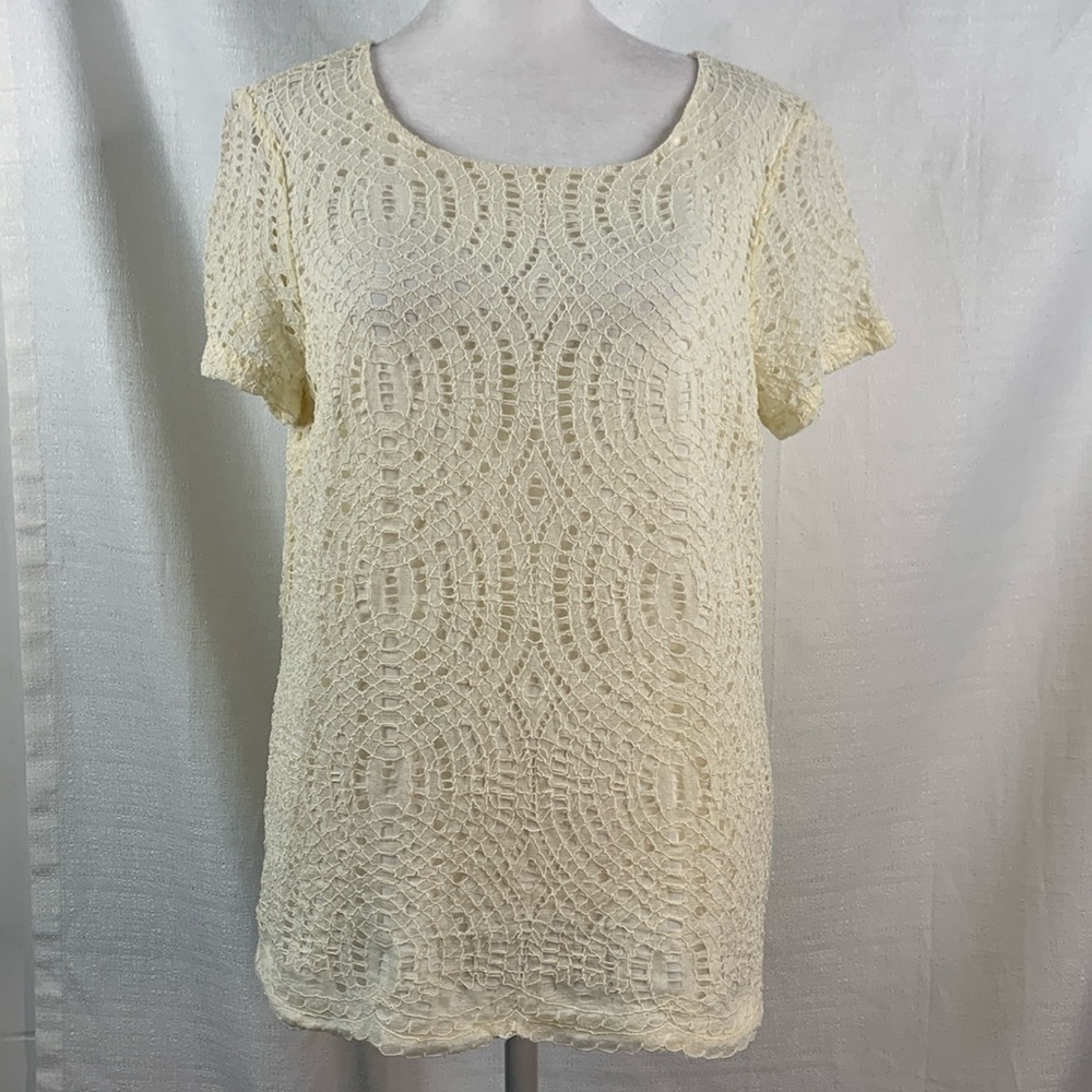 J. Crew Factory Ivory Lace Overlay Short Sleeve Blouse